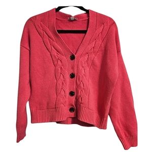 LOFT Coral cable knit 100% cotton v neck cardigan. Size Large